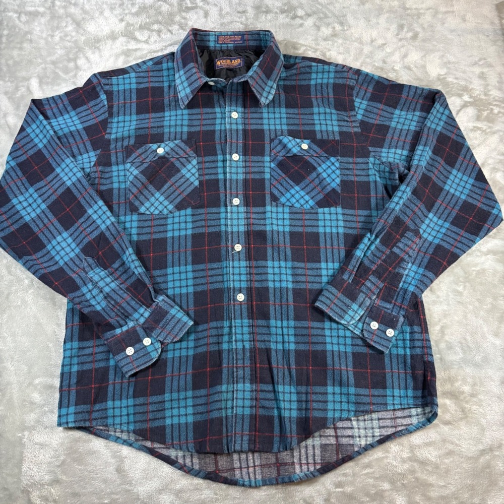 Vintage Woodland Men Plaid Flannel Shirt L Yugoslavia Perma-Press Cotton Blend